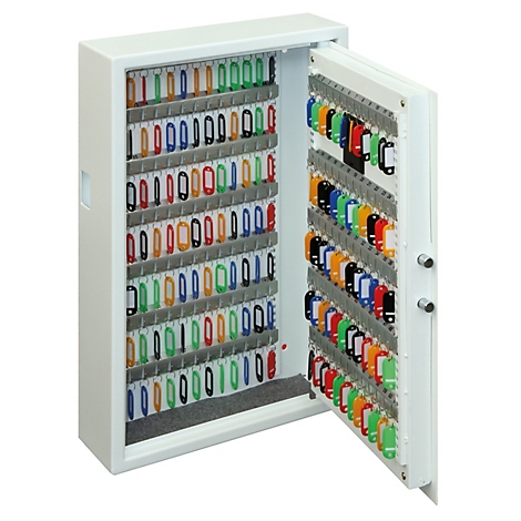 Une armoire à clés blanche ouverte avec de nombreux porte-clés colorés sur la paroi intérieure et la porte.