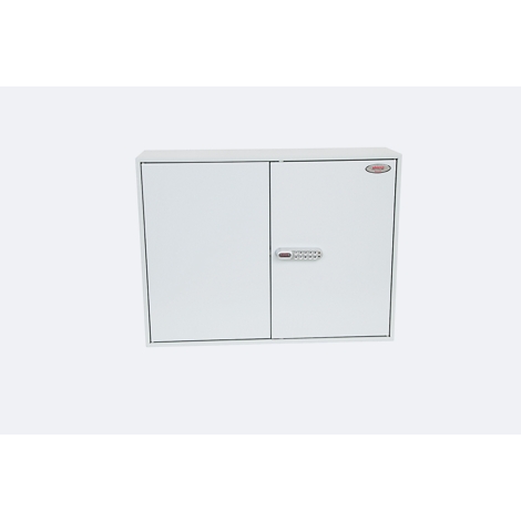 Une armoire murale rectangulaire blanche à deux portes avec une serrure à combinaison électronique.