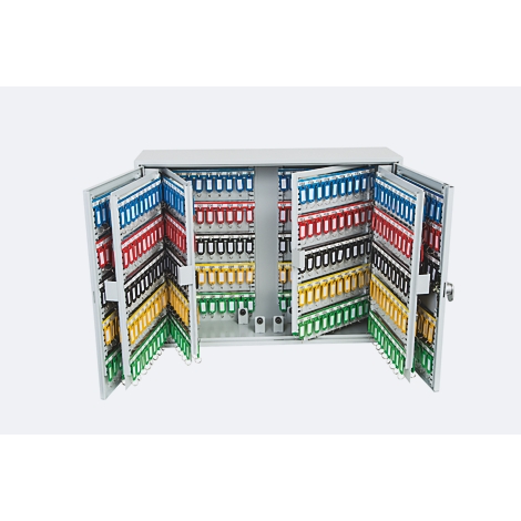 Armoire à clés grise ouverte avec de nombreux porte-clés colorés sur des panneaux pivotants.