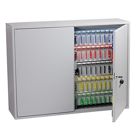 Armoire à clés en métal gris avec porte ouverte, remplie d'étiquettes de clés codées par couleur.