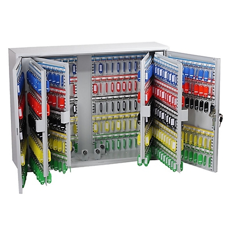 Armoire à clés grise ouverte avec de nombreux porte-clés colorés sur des panneaux dépliants.