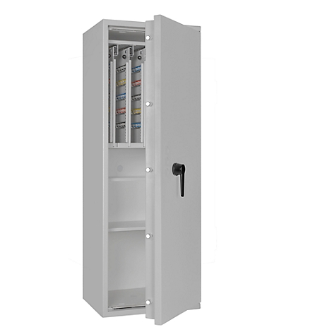 Armoire en acier grise, porte ouverte. Dossiers colorés à l'intérieur.