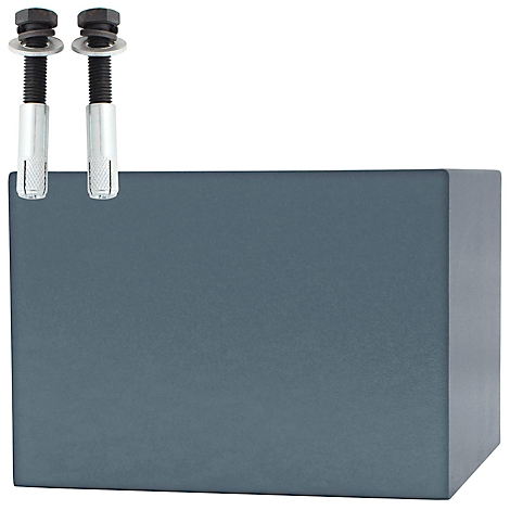 Un bloc bleu-gris avec deux vis avec écrous.