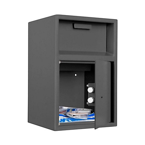 Coffre-fort gris avec porte et tiroir ouverts. Le coffre-fort contient des documents. Le fond est blanc.