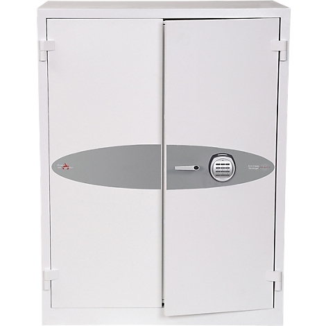 Une armoire de sécurité blanche à deux portes avec un clavier numérique électronique sur un panneau ovale gris.