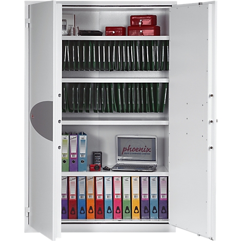 Une armoire en acier blanche ouverte remplie de dossiers, de documents et d'un ordinateur portable.