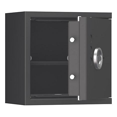 Un coffre-fort noir, la porte est à moitié ouverte. On peut voir des étagères à l'intérieur. La poignée et les charnières sont argentées.