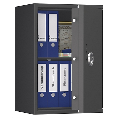 Coffre-fort ouvert avec dossiers étiquetés Assurance, Livret de famille et Bureau des impôts.