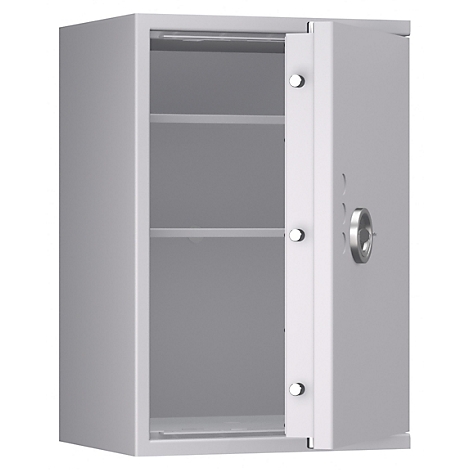 Armoire murale grise avec porte ouverte. Deux étagères à l'intérieur.