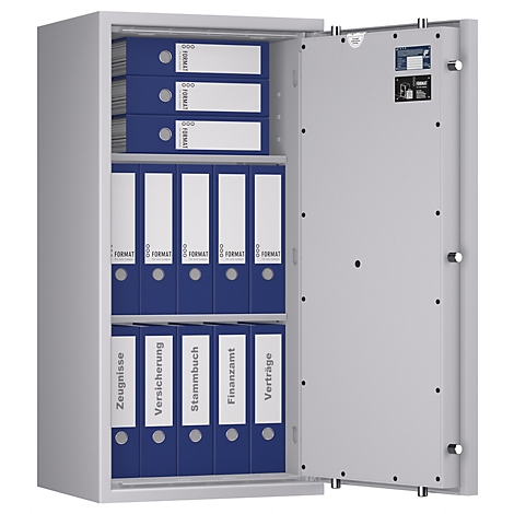 Coffre-fort gris avec la porte ouverte. Dossiers bleus avec des inscriptions telles que certificats, assurances, contrats.