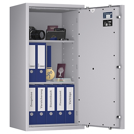 Coffre-fort ouvert avec dossiers et appareil photo.