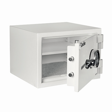 Un coffre-fort compact blanc avec porte ouverte, serrure à combinaison électronique et intérieur gris.
