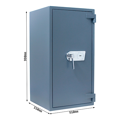 Coffre-fort gris avec fermeture rotative, dimensions : 990mm x 510mm x 510mm.