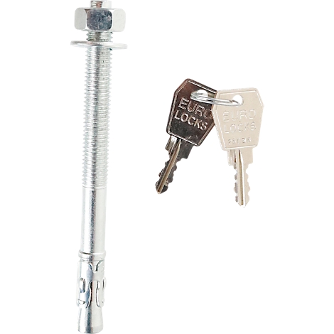 Vis métallique avec écrou et deux clés avec l'inscription 'Euro Locks'. Le tout sur fond blanc.