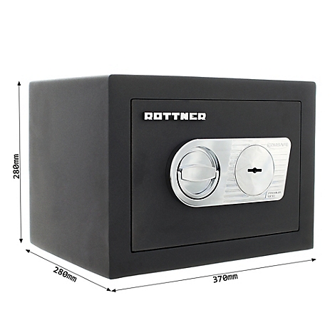 Coffre-fort noir avec bouton rotatif argenté. Le coffre-fort porte la mention "ROTTNER". Les dimensions sont de 280mm x 280mm x 370mm.