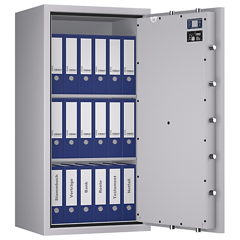 Un coffre-fort ouvert avec des dossiers bleus. Des termes comme "Stammbuch", "Contrats" et "Urgence" figurent sur les dossiers.