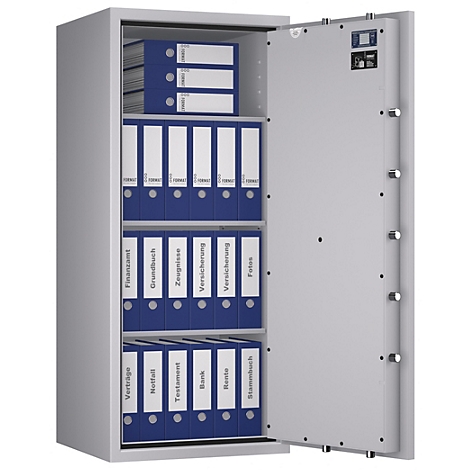 Coffre-fort ouvert avec des dossiers bleus. Des termes tels que bureau des impôts, cadastre et assurance sont écrits sur les dossiers.