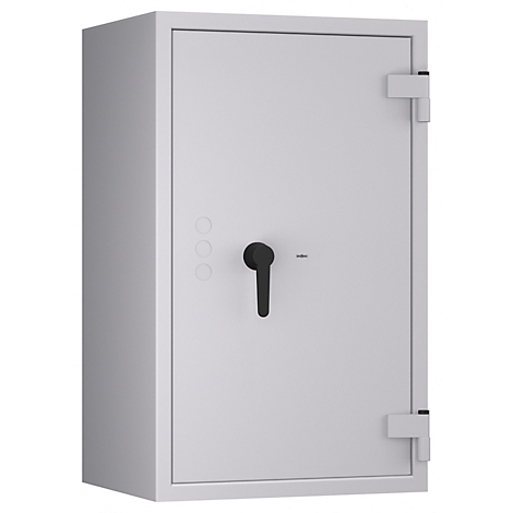 Coffre-fort gris sur fond blanc. Poignée noire, trois boutons et une charnière sur le côté. La porte est fermée.