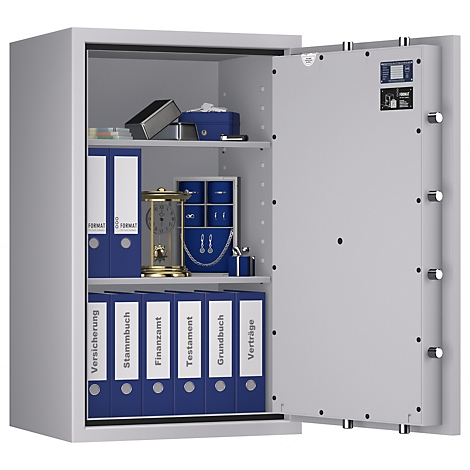 Coffre-fort ouvert avec des dossiers et des objets de valeur, dont une horloge.