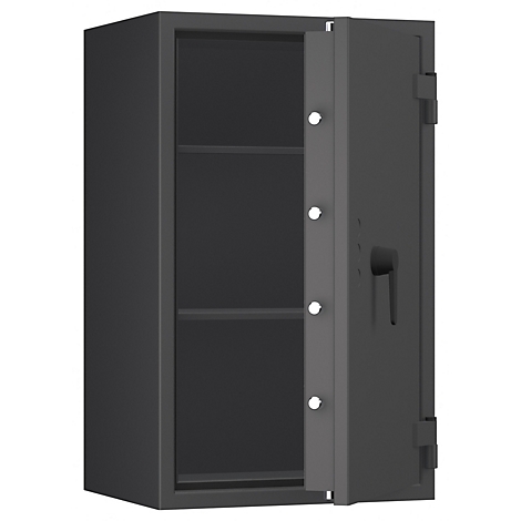 Un coffre-fort gris ouvert avec deux étagères. La porte est à moitié ouverte.