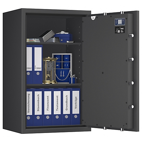 Un coffre-fort gris ouvert avec des dossiers bleus, des fichiers et une horloge. Sur la porte, un affichage numérique.