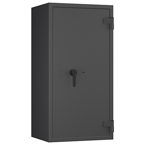 Coffre-fort gris, porte avec poignée et serrure. Les charnières sont visibles sur la porte.