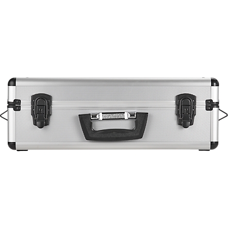 Valise argentée, poignée centrale noire, deux fermoirs, métallique.