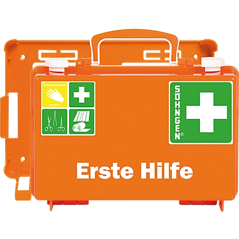 Trousse de premiers secours orange, avec un support à côté. La boîte a des autocollants avec une croix, un symbole de gant, des ciseaux et un bandage. Inscription: "Premiers secours".