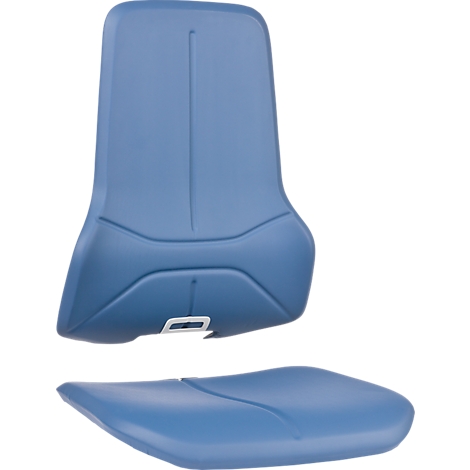 Asiento azul con respaldo y asiento. El respaldo tiene un hueco vertical, el asiento uno horizontal.