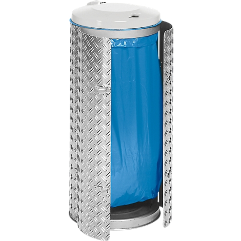 Contenedor de basura cilíndrico con tapa y estructura metálica plateada, patrón rugoso, bolsa de basura azul en el interior.