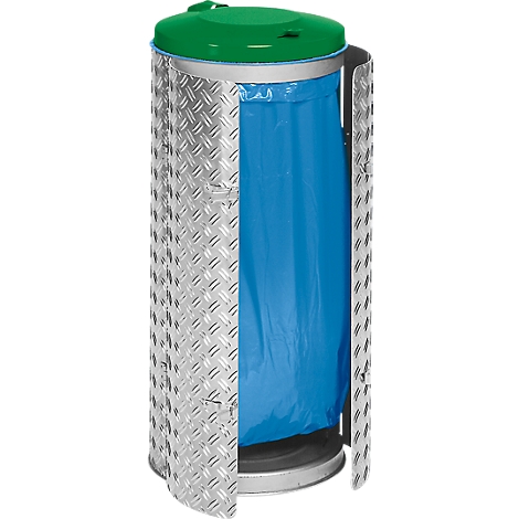 Contenedor de basura metálico con tapa verde y bolsa de basura azul en el interior. Los lados están diseñados con un diseño de chapa de cuadros.