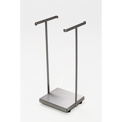 Perchero de metal con dos barras en forma de T y una base rectangular, sobre fondo blanco.