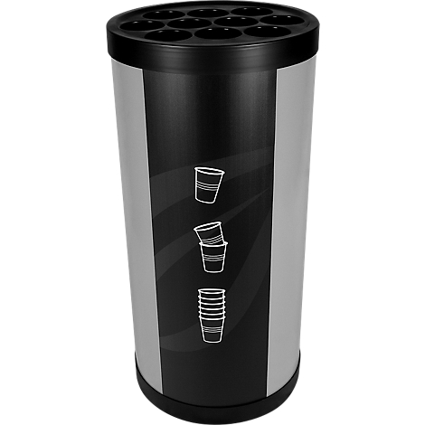 Dispensador de vasos cilíndrico, negro y gris con símbolos de vasos.