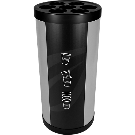 Dispensador de vasos cilíndrico, negro y plateado, con tapa y símbolos de vasos.