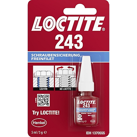 Produit Loctite 243, frein filet, dans un emballage rouge. Texte : Loctite, 243, frein filet, Freinfilet. Illustration, application et code QR.