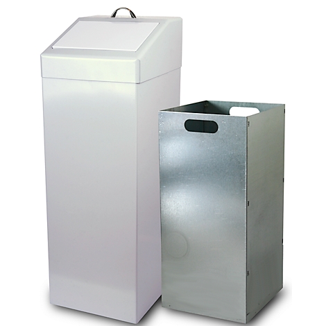 Deux poubelles. L'une blanche, haute avec un couvercle et une poignée. L'autre est métallique et ouverte.