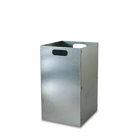 Boîte métallique avec poignée sur fond blanc. Le produit est fabriqué en métal et possède une poignée rectangulaire sur le dessus.