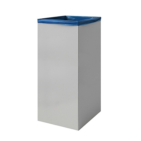 Poubelle grise avec bord bleu, sur fond blanc.