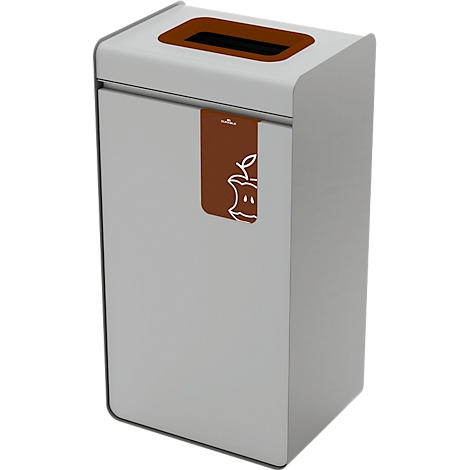 Poubelle grise avec des accents marron et un logo de pomme.