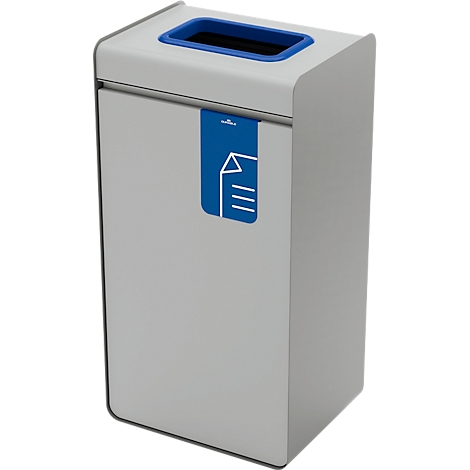 Poubelle grise avec porte ouverte. Détails bleus : bord du couvercle, étiquette.