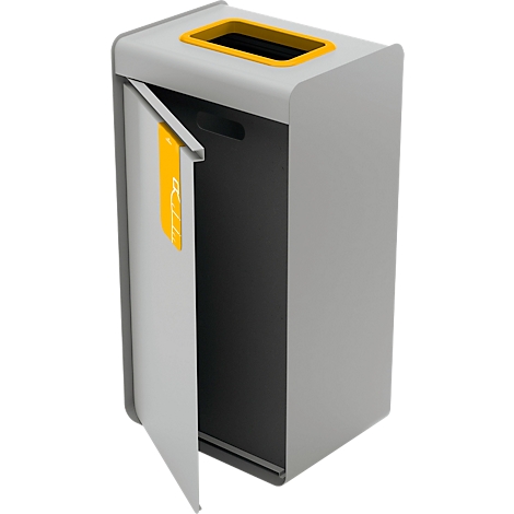 Poubelle grise avec couvercle jaune. La porte est ouverte, montrant l'intérieur. Une étiquette jaune est sur la porte.