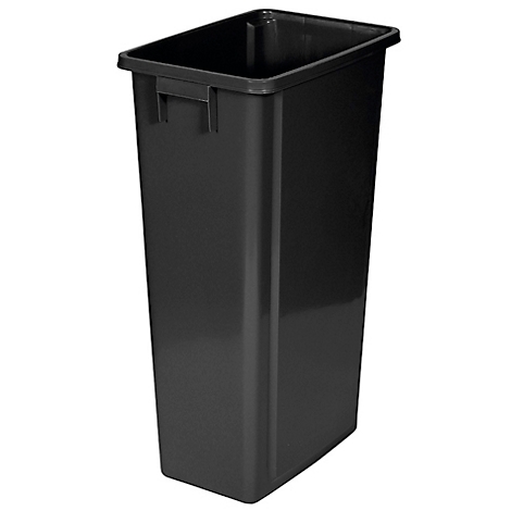 Poubelle en plastique noir et rectangulaire. Elle a un large bord et des évidements latéraux.