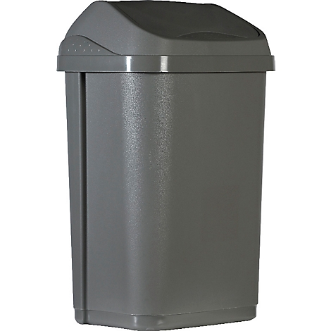 Poubelle grise avec couvercle. Le couvercle est légèrement incurvé et gris foncé. Le corps est rectangulaire.