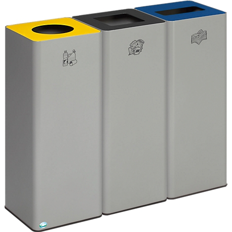 Trois poubelles grises avec ouvertures jaunes, noires et bleues, pictogrammes de recyclage.
