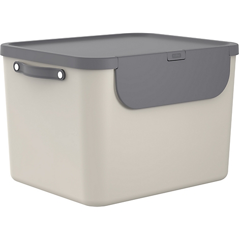 Boîte de rangement beige avec couvercle et poignée gris. Le couvercle est partiellement ouvert.