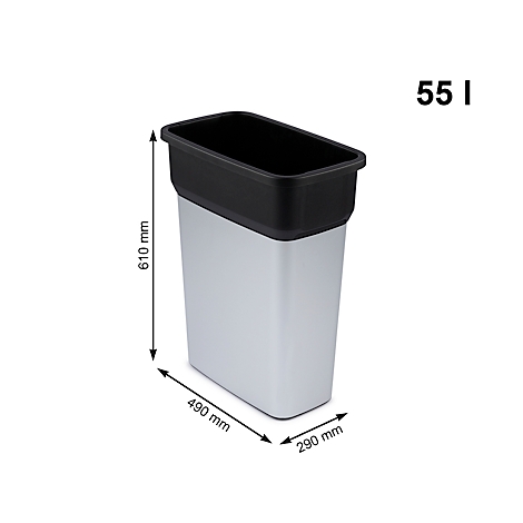 Poubelle grise avec bord noir. Dimensions : 610 x 490 x 290 mm. Volume : 55 litres.