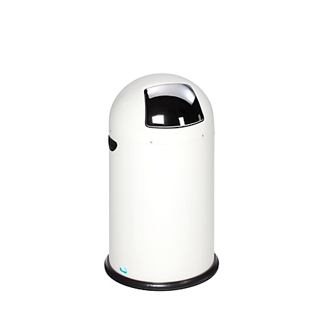 Poubelle blanche avec couvercle incurvé et insert brillant. Base noire. Sur fond blanc.