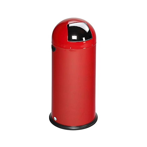 Poubelle cylindrique rouge avec couvercle noir et ouverture. Sur fond blanc.