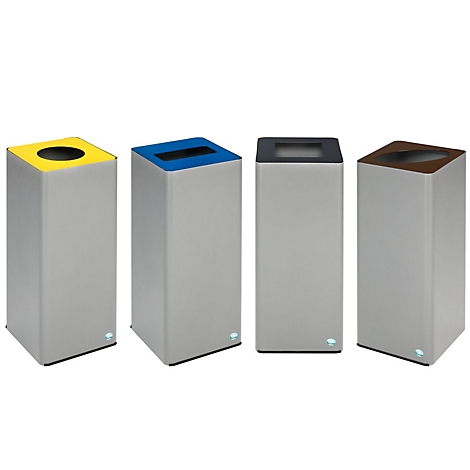 Quatre poubelles grises avec des couvercles de différentes couleurs : jaune, bleu, noir et marron.