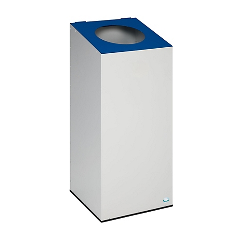 Poubelle blanche et rectangulaire avec un dessus bleu et une ouverture circulaire. Accents bleus. Sur fond blanc.